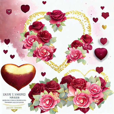 beautiful, extremely detailed, realistic, light burgundy roses, on elegant, sparkling, detailed gold glitter hearts Watercolor Valentine's day wreaths and clipart, Hand painted hearts,