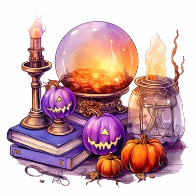hand drawn glowing crystal ball sitting on a table with crystals, tarot cards, a wand, candles and a pumpkin, Halloween, purple and orange shades,fantasy, glamorous, , clipart style, detailed and realistic, watercolor, white background with margins