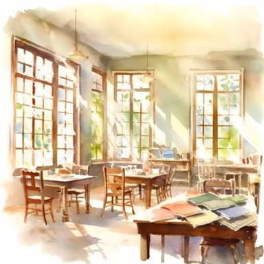 Faded from the decades of beaming sunlight coming in from the large windows, the room feels lost in time but reminded of its age. Teaching materials of years past cling to the walls of the drafty old classroom with no pattern It's crowded with twenty children sitting at desks staring at books, painted in watercolor, white vignette, watercolor realistic, clipart, watercolor edges, on white background, painted on white background,