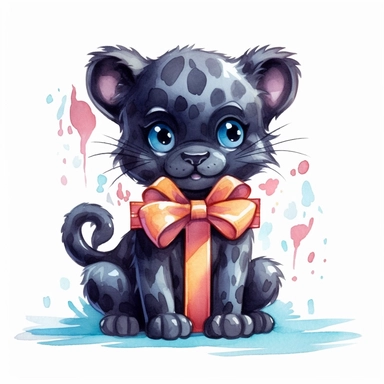Cute cartoon black panther with bow clipart for childish cards and books, illustration style, on white background, 4k, detailed, hd, watercolor