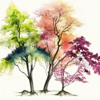 Watercolor, Japanese Maple Trees, long branches, spring grass, Clipart, springtime japanese trees, forest, tall grass, white background