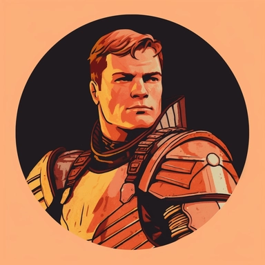 A Dungeons & Dragons character portrait circular tondo depicting a desert onsen knight, Butcher Billy Josh Kirby, Mad Max Lord of the Rings Discworld, handpainted retrowave, clipart illustration, circular solid background circular border