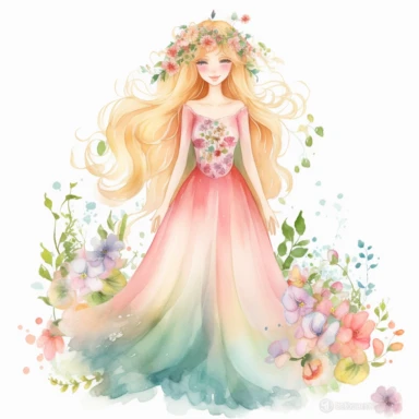.''princess flora full body watercolour clipart high quality'' smilee face large dress