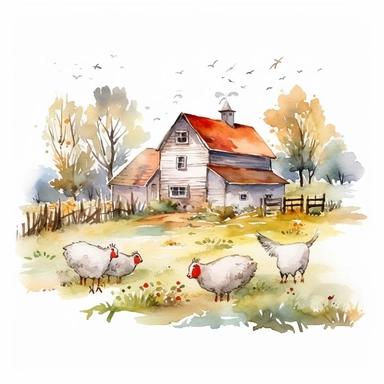 watercolor farm house clipart with meadow and some animals, white background, no comment, 8k
