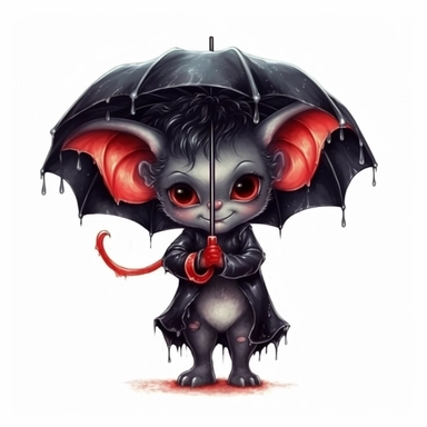 Cute Adorable magical little Devil with black wings holds a umbrella in his hand and wears a raincape and stand in the rain on a country road, clipart, photorealistic illustration, watercolor, high detail, 8k polished, 8k, vibrant colors, sticker, majestic, die cut, Black and Red color, white background