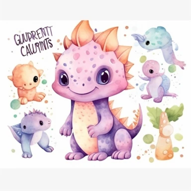 watercolor clipart of an adorable cute little dragons clipart, different lateral standing poses, beautiful tails and wings, cute cartoon mystical animal
