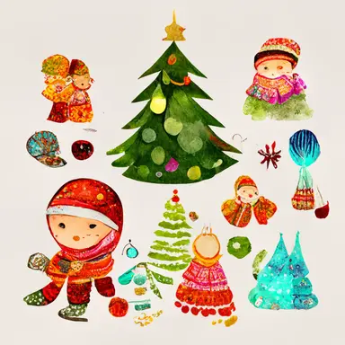 lots of clipart illustrations for christmas celebration,cute,8k, colourful, children, santa, gifts, sparkle