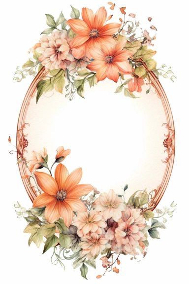 watercolor clipart of a empty suttle dainty floral oval frame surrounded by peach color flowers and cream color flowers. Capture the essence of blooming beauty and intricate details in your artwork, white background