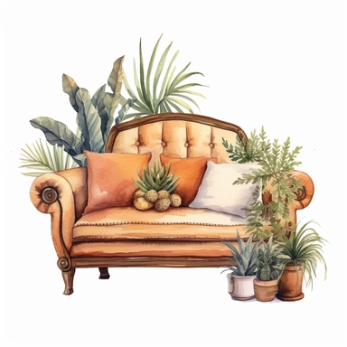 watercolor, hyper realistic, white background, white margins, 16k, ultra detailed clipart, cut out image, hand-drawn an illustration with a couch and plants, in the style of craftcore, website, luminous watercolors, aztec art, beige and amber