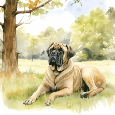 An outdoor scene depicting an English Mastiff enjoying a peaceful day in nature, perhaps lying under a shady tree or exploring a grassy field, showcasing the breed's love for outdoor activities and its gentle nature, with a white background and watercolor clipart.