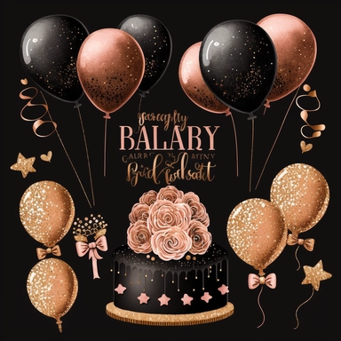 Party Clipart, Birthday Elements, Rose Gold Birthday Clipart , glitter, Birthday Cake PNG, Wedding Clipart, Balloon Clipart Set, Baby Shower black background
