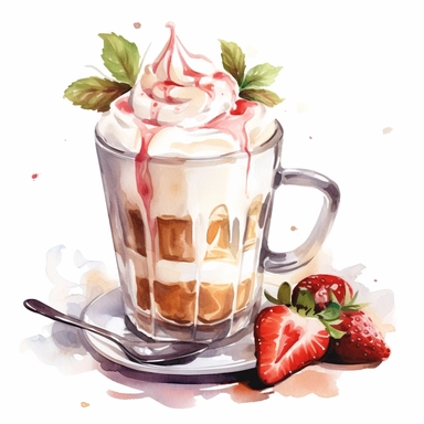 watercolor clipart illustration of milk coffee, with dessert with cream and strawberries, on table in rose garden, summer bright day, white background