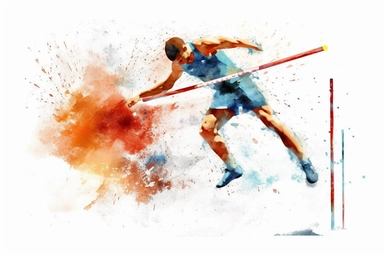 Watercolor, Design an action shot of a high jumper clearing a bar with precision clipart, hd, on a white background, spaced out