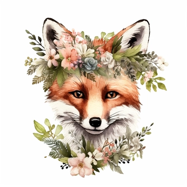 one foxe with floral crown clip art trên nền trắng, in the style of fujifilm gw690iii, appropriated images, detailed nature depictions, no watermark, text, 300 DPI , typography, shapes do not stick together, no text in the picture, on a white background