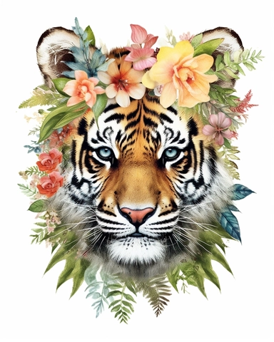 detailed watercolor Baby tiger flowers on head , hyper realistic, isolated on a white background, clipart