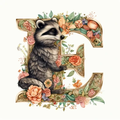 beautiful large ornate victorian alphabet font letter E decorated with victorian flowers with a pretty small cute baby racoon, clipart, white background