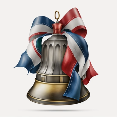 A clipart of the Liberty Bell with a red, white, and blue ribbon, Watercolor, Clipart, transparent background PNG