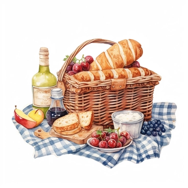 watercolor, hyper realistic, white background, white margins, 16k, ultra detailed clipart, cut out image, hand-drawn a vintage picnic scene with a checkered blanket spread out on the grass. The scene includes a wicker basket filled with freshly baked bread, cheese, and grapes, creating a cozy and nostalgic ambiance. earthy colors like golden brown and deep red, in the style of pencilsteampunk, delicate watercolor, creative commons attribution, miniaturecore, grocery art, white and amber, website
