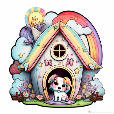 clipart with white background of a doghouse in the style of mystical fantasy, magical, kawaii style