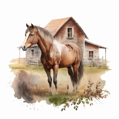 horse stand in the farm house, horse eating grass, watercolor, Western Clipart, Farm Animals, photorealistic. 4k, vector