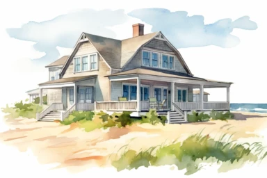 A watercolor clipart on isloated white background in the style of Bob Byrlwy of charming Nantucket beach houses nestled among the dunes of a sandy shore. The house should have a classic beachy design, with shingles or clapboard siding, plenty of windows to let in the ocean breeze, and perhaps a wraparound porch or a set of Adirondack chairs out front. The scene should be set on a sunny day, with blue skies overhead and the sound of waves crashing in the distance. The beach house should be surrou