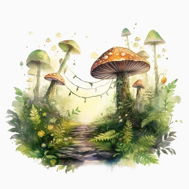 ultra realistic watercolor of enchanted fairy forest clipart, magical, god rays, fireflies, overgrown plants, fairy forest, on white background clipart watercolor, nature, sublimination, 8k, high quality, award winning, detailed