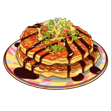 Visualize a vibrant, detailed clipart of a mouth-watering okonomiyaki. The savory pancake is filled with a variety of ingredients like cabbage, pork belly, and green onions. It's topped with a beautiful pattern of mayonnaise and okonomiyaki sauce, and finished off with a generous sprinkle of bonito flakes that appear to dance on the pancake. All set against a clean, white background that accentuates the colors and texture.