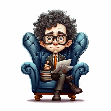 curly man in glasses and a tie on an armchair with a book simple clipart