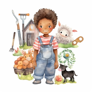 watercolor farm cute african american boy clipart white background