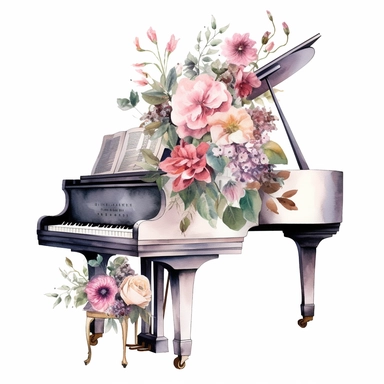 baby grand piano spring floral clipart, white background