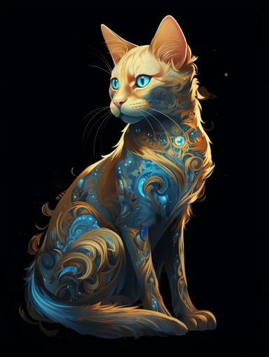 A cat in a gold dress with ornate gold tattoo, in the style of dark blue and light aquamarine, fractal patterns, mind - bending murals, dark cyan and orange, zbrush, depictions of animals, distinctive noses, clipart png, photorealistic, watercolor, digital painting, WHITE BACKGROUND, fantasy style, realistic, painting, 8k, ultra details,