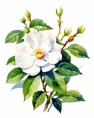 watercolor sketch of Tea Rose with white flower composition, clipart, clean and simple design, realistic color scheme, high-contrast image, white background,