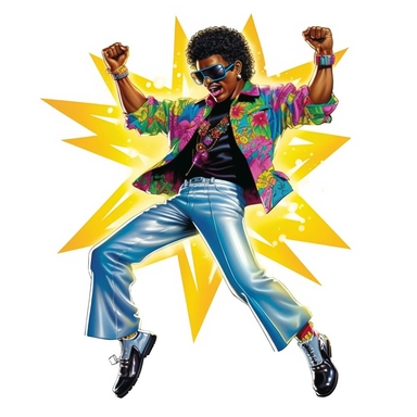 Experience the electrifying energy of the 80s disco era with a lively cartoon character immersed in pure fun against a clean white background. Picture a vibrant and animated cartoon character donning retro disco attire, complete with groovy fashion and accessories. Imagine the character in a dynamic pose, mid-dance move, or striking a playful expression while surrounded by disco-themed elements like neon lights and swirling patterns. Use a bold color palette inspired by the era, incorporating vi