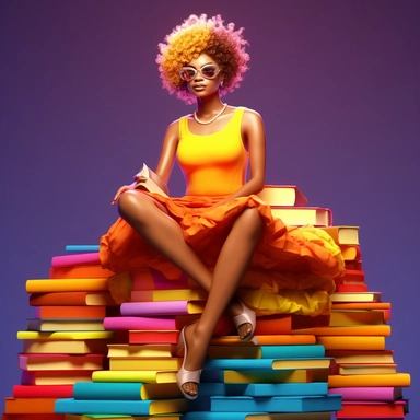 imagination, Clipart illustration of afro cosmepolitian woman sitting on top of books, realistic in the style of nene thomas, 100k background, Abstract, Colorful, beautifully color - coded, beautifully color graded, Unreal Engine, Cinematic, Color Grading, Editorial Photography, Photography, Photoshoot, Shot on 70mm lense, Depth of Field, DOF, Tilt Blur, Shutter Speed 1/ 1000, F/ 22, White Balance, 32k, Super - Resolution, Megapixel, ProPhoto RGB, VR, Lonely, Good, Massive, Halfrear Lighting, Ba