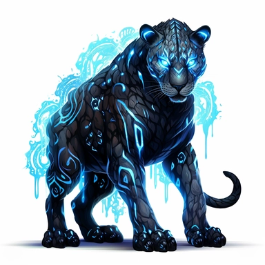 a glowing tribal leopard with blue lights on his eyes, tribal animals, in the style of bold black outlines, manhwa character design, master of shadows, burned/charred, himalayan art, dark black and light azure, 2d game art, quadratura, clipart, on white blackground