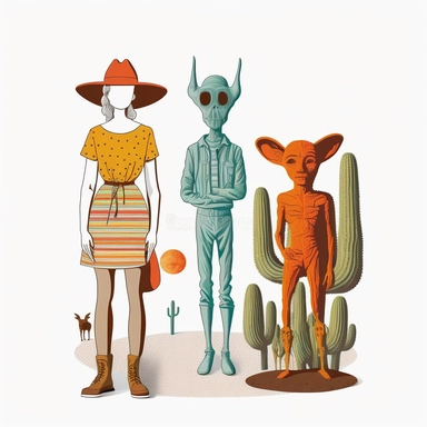 Boho style illustration, clipart, sublimation drawing Alien standing next to American Gothic characters by American artist Grant Wood Vibrant colorful colors on white empty background, 8k high quality, high quality detail