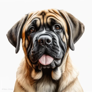cute English Mastiff dog portrait, full face, centered shot, side shot, dynamically posed, in action, playful mood, happy mood, playing mood, cute face, adorable smile, childlike eyes, clean watercolor illustration, white background, nursery baby imagery, painting, detailed, 8k, PNG, clipart,