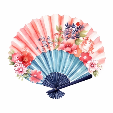 a cute one Japanese Folding Fan , decorate with japanese motifs ,watercolor Sublimation graphics, hand drawn illustration by katie daisy, Watercolor clipart, single design, single object, print on demand image, PNG transparent background, white background for removing background - - no text shadow font watermark, 8k