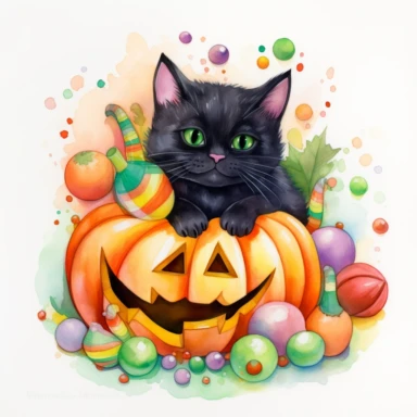 a large Halloween pumpkin, pumpkin is filled with colorful wrapped candies, lollipops, and candy corn, inside the pumpkin is a cute little black kitten with big green eyes, scattered candy is laying flat around the pumpkin, Halloween colors, magic, fantasy, watercolor, clipart style, white background with margins