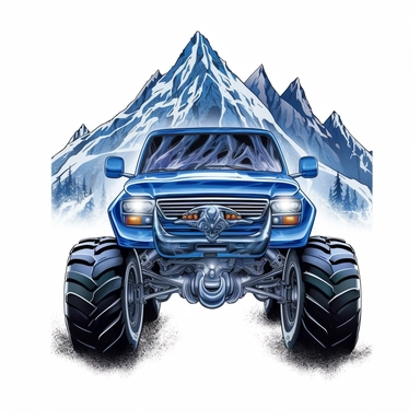 Blue thunder monster car clipart with mountain and nature background, white background, digital illusion, vector art, high resolution, photo realistic