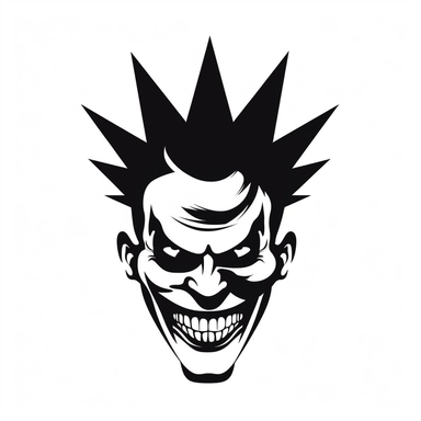 black and white silhouette of a terrifying cartoon halloween clown with sharp teeth, clipart style, white background, thick lines, vector, simple design, flat colour, solid colour, halloweencore
