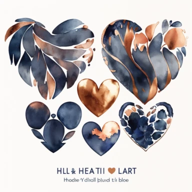 watercolor heart shapes, clipart collection, copper and navy tones, on white background