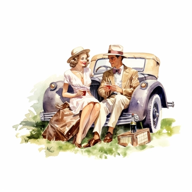A couple dressed in elegant retro attire, sipping champagne and sharing a picnic on a checkerboard blanket in the backseat of a beautifully restored classic American convertible, extremely-detailed, high quality, clipart, watercolor, white background