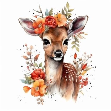 adorable baby deer, full body With Flower Wreaths vibrant colors, red mushroom, outline black, highly detailed, watercolor clipart white backround