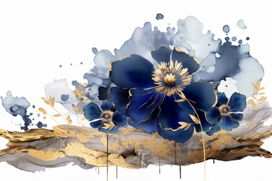 beautiful gorgeous alcohol ink of gold serene nature scene with a central focus on a navy flower. gentle wave , minimalist style, crystals, glam, glossy, glitter texture, liquid ink clipart, modern and stylish design, bright colors, 300 dpi, clear decoration, clear white background, highly detailed digital art, 8k