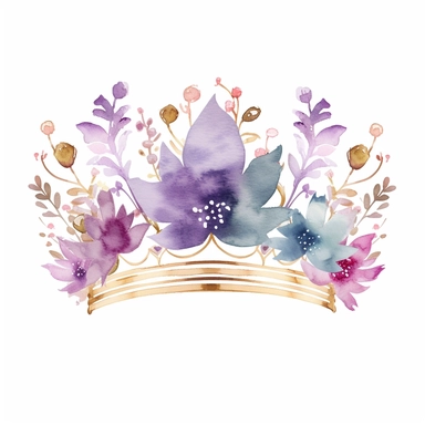 line of purple and lilac watercolor flowers with a simple clipart princess crown on top, watercolor gold, pink, purple, white background