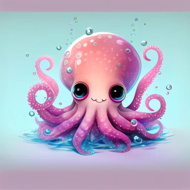 cute pink octopus smiling with big head, big eyes with water bubbles, hand draw Illustration clipart, 4K, extremely detailed