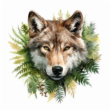 highly detailed glossy watercolor clipart,wolf head surrounded by green ferns, on white background