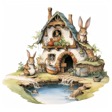 vintage, clipart, illustration, water color, scene, rabbits, hobbit village, white background