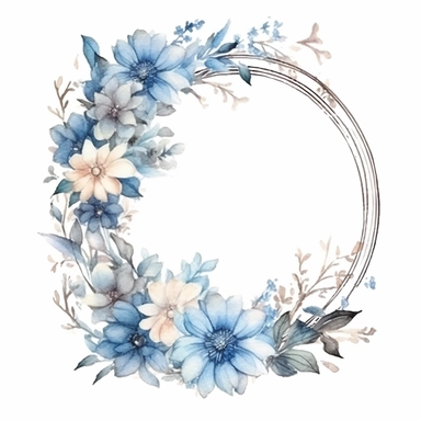 watercolor clipart of a empty suttle dainty floral oval frame surrounded by dusty blue color flowers. Capture the essence of blooming beauty and intricate details in your artwork, white background